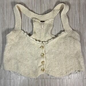 Free People Ivory Chunky Knit Racerback Boho Prairie Lace Peplum Tank Top Small